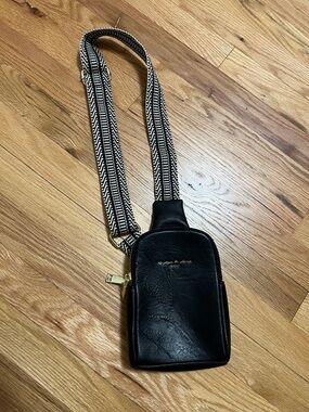 Black Crossbody Phone Bag with Patterned Strap